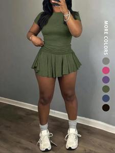 women's solid color tee & pleated skirt two-piece set, casual short sleeve t-shirt & skirt for daily wear, ladies clothes for summer, matching sets for women, womenswear