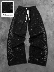 Men's Street Style Straight Leg Sweatpants, Design Sense American Fashion Rhinestone Embroidery, Unisex Casual Pants for Daily Wear