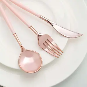 24-Pack Plastic Flatware Set 8" Rose Gold with Blush Handle - Modern Heavy Duty Disposable Silverware