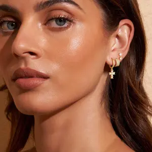 TEWIKY 3 Pairs Huggie Hoop Earrings Set Dainty Cross Design Dangle Earring Stud Hypoallergenic 9mm Earrings For Women Non Tarnish Jewelry dealsforyoudays Twist White