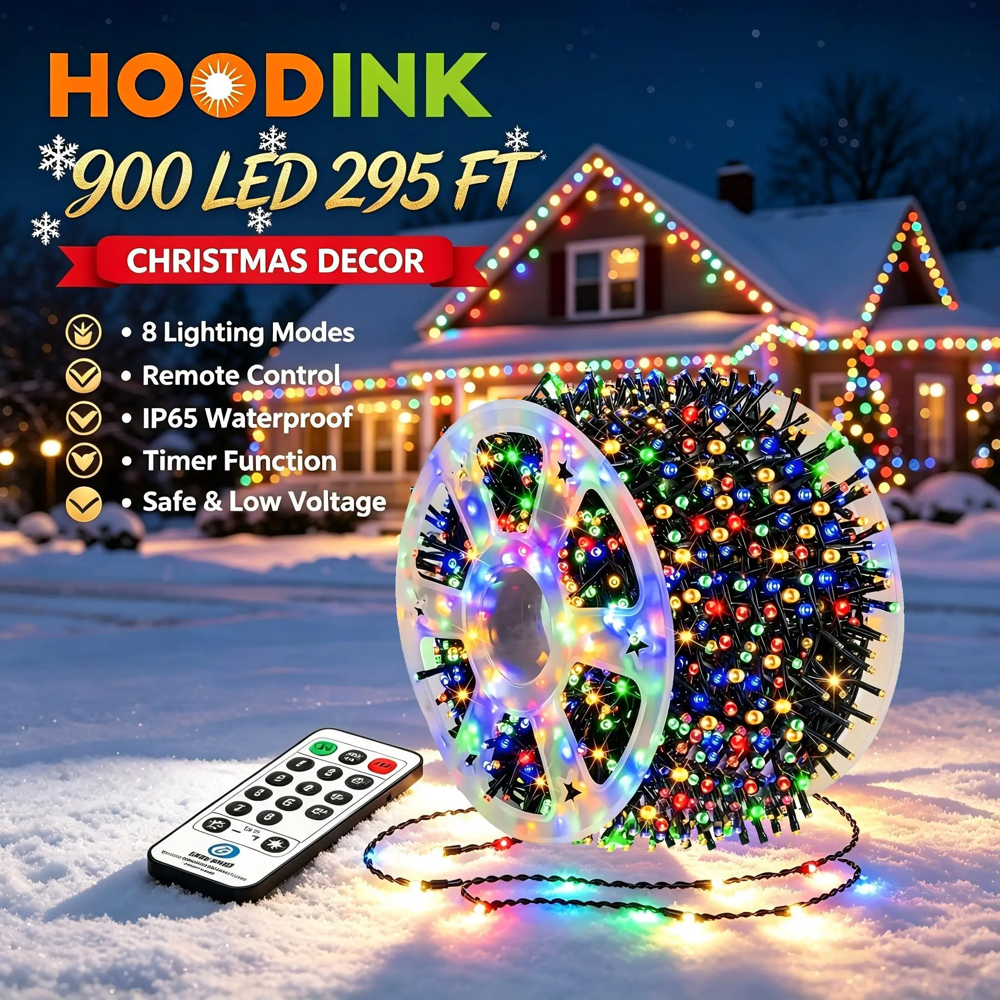 Hoodink 900-LED 295ft Christmas Light String - 8 Modes, Timer, Remote Control - Party Lighting Decoration, Outdoor Decorations, Light Up Garlands for Home Event Supplies, Home Decor