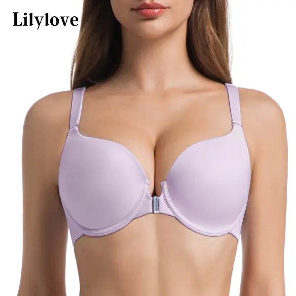 Lilylove Women's 3/4 Cup Seamless Plunge Bra - Front Closure, Push Up, Glossy Fabric, Comfort Easy Wear, Lightly Padded Underwire, Luxury Adjustable Straps, Supportive, Seamless Padded Wireless, Pushup Everyday Bras (B-DDD)