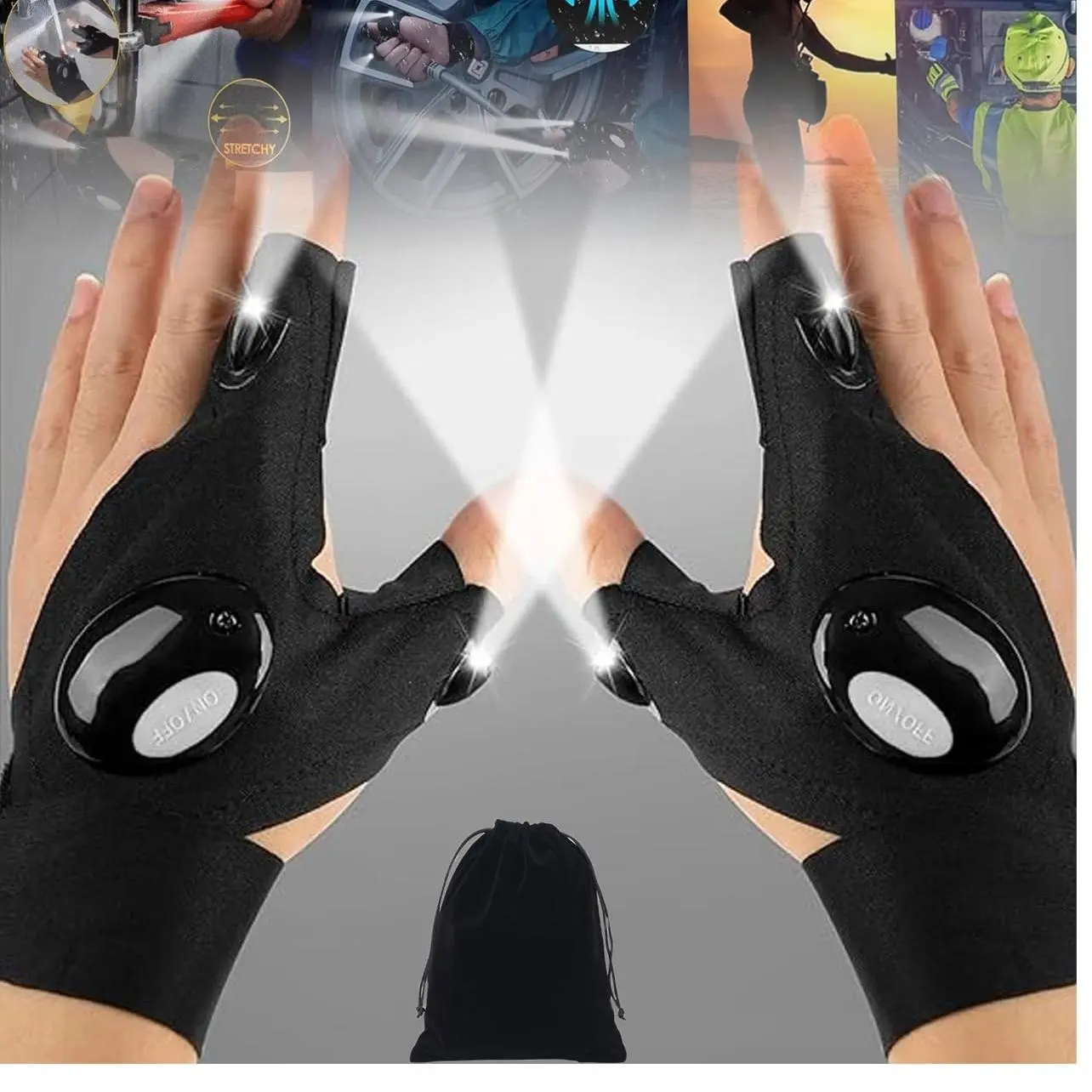 LED Flashlight Gloves, Pack of 2 Fingerless Breathable Gloves for Men, Unique Gadget Gift for Boyfriend, for Outdoor Sports, Camping, Fishing and Repair, Christmas, Birthday