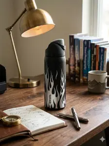 Matte Black Flame Water Bottle, Double Wall Stainless Steel Insulated Tumbler, Portable Leakproof Cup for Work, Car & Camping