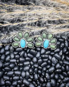 Cedarvale Half Flower Post Earrings, Turquoise and Green, Trendy Dainty Summer Fashion Accessories, Costume Jewelry, Trendy Jewelry