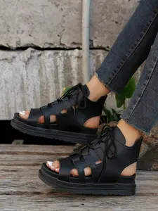 Women's Fashionable Solid Color PU Platform Sandals, Casual Comfortable Sandals for Summer, Female All-match Round Toe Sandals for Daily Wear, Walking Shoes, Fashionable Slide Sandals