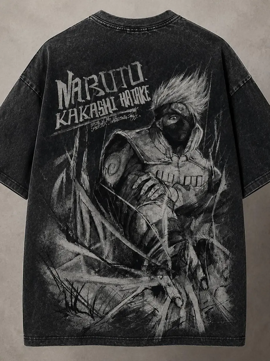 Men's Short-Sleeve Kakashi Hatake Print T-Shirt - Naruto Anime Vintage Washed Tee, Sharingan Ninja Graphic, Oversized Japanese Streetwear, Dark Aesthetic Manga Top, Unisex Menswear Casual Fashion