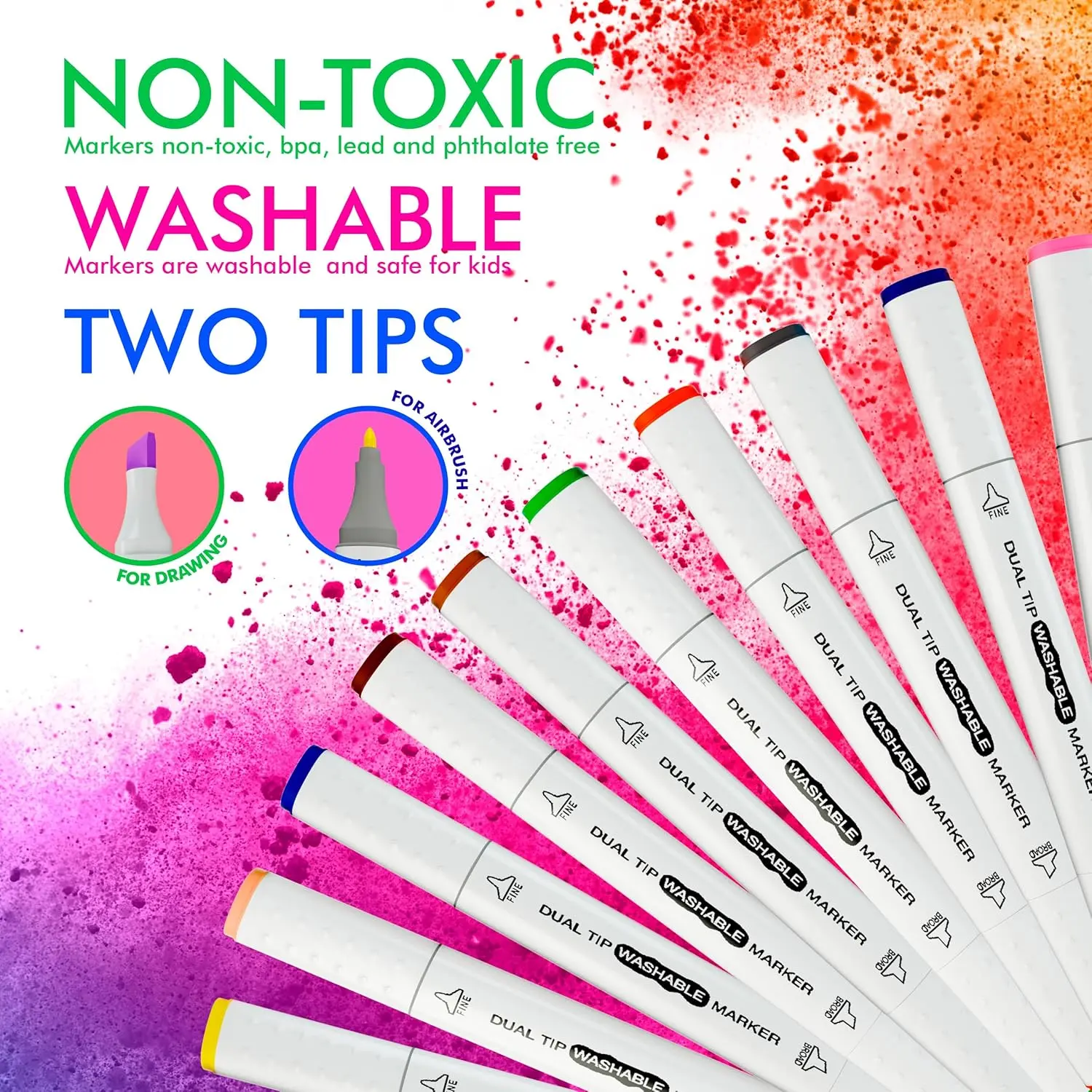 Sleepah 12 Washable Markers for Air Brush Set (SL190) & Drawing with Chisel Tips (12 Markers)
