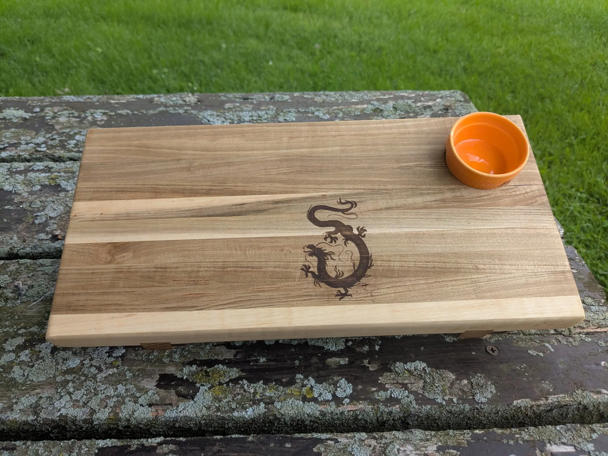 Handmade Maple Sushi Serving Board with Laser Engraved Dragon Design & Ceramic Bowl