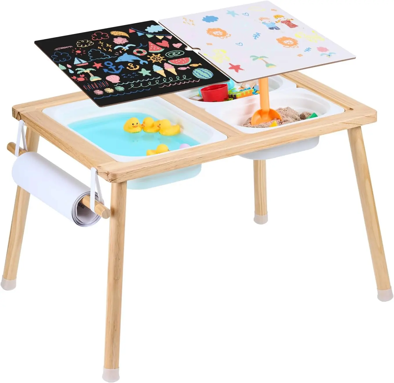 VEVOR Wooden Toddler Sensory Activity Table with 3 Foldable Bins & Paper Roll Holder, Indoor/Outdoor Sand & Water Play & Drawing Table, Gift for Boys Girls