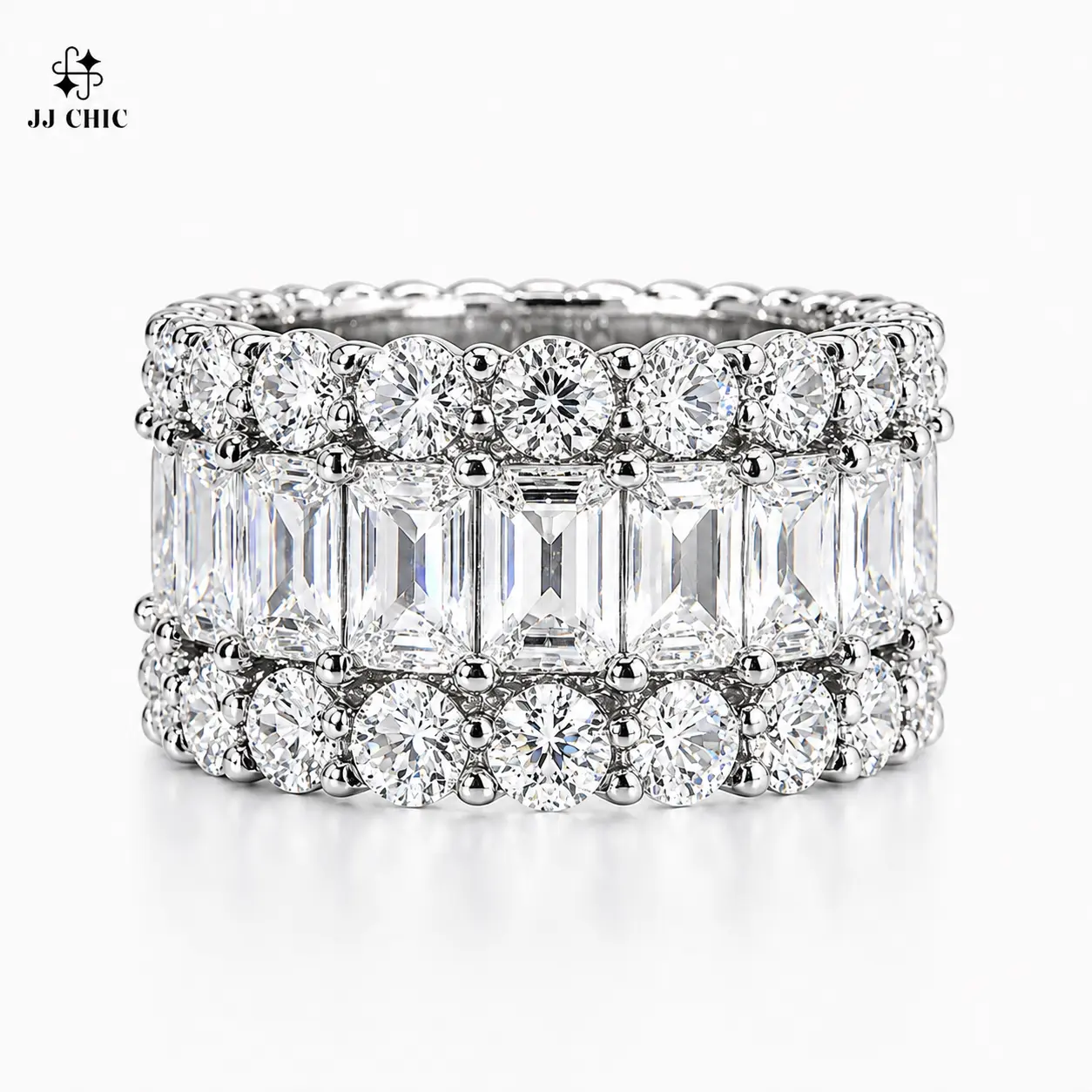 JJ CHIC Women's Triple Row Wide Band Artificial Gemstone Ring, Luxury Hypoallergenic Premium Jewelry, Comfortable Fit for Formal Events & Gifting