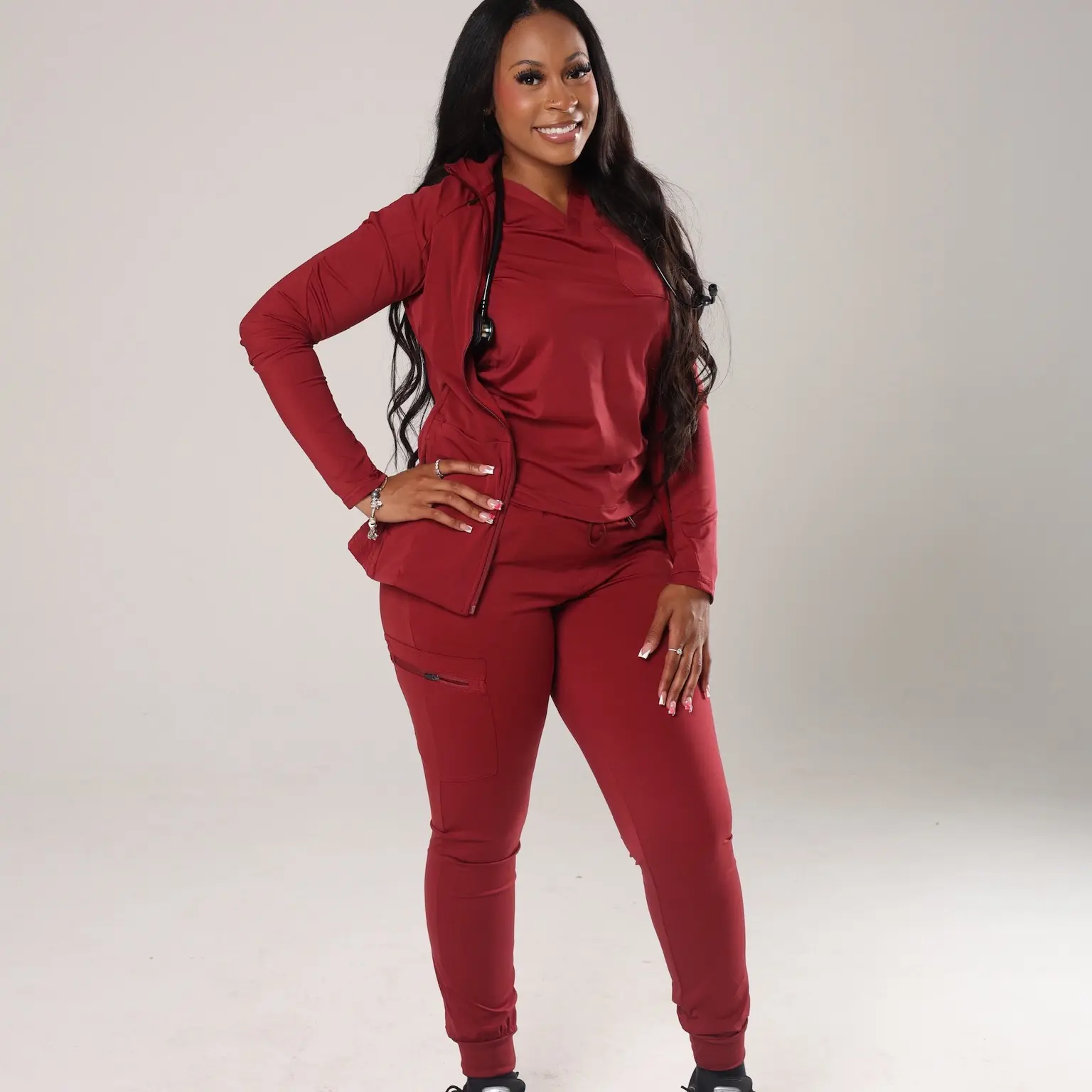 DANAE 3-Piece Scrub Set for Everyday Use Stylish Comfy Soft Fabric Perfect for Daily Wear Lightweight Breathable Stretchy Uniform Jacket Top Pants. Your Favorite Scrubs!