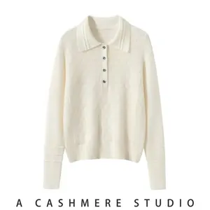 A Cashmere Studio Women's Hollow Out Turn-Down Collar Pure Cashmere Knit Sweater Lightweight Luxury Thick Warm Elegant Design