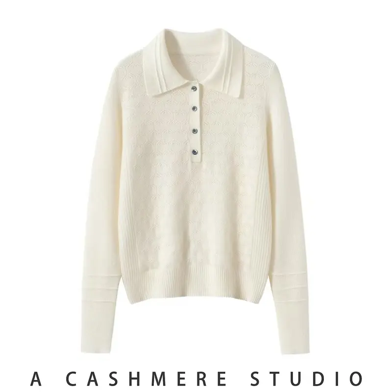 A Cashmere Studio Women's Hollow Out Turn-Down Collar Pure Cashmere Knit Sweater Lightweight Luxury Thick Warm Elegant Design