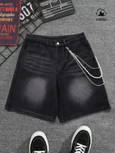 Men's Street Style Denim Shorts, Loose Fit Washed Denim Bermuda Shorts, Vintage Distressed Straight Leg, Summer Music Festival, Metal Chain Included, Menswear, Streetwear, Casual, Casual Streetwear Bottoms