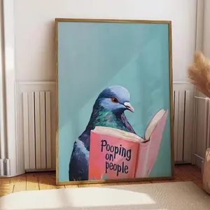 [No Frame] Pigeon Reading Pooping on People Book Wall Art Funny Bathroom Art