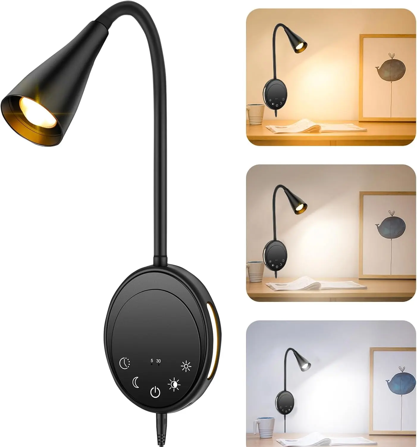 Wall Sconce Light Plug in, Wall Lamps USB Output 5 Color Dimmable Timer Touch Control, Bedside Reading Light, 360°Rotate Flexible Gooseneck Wall Lighting for Bedroom Living Room