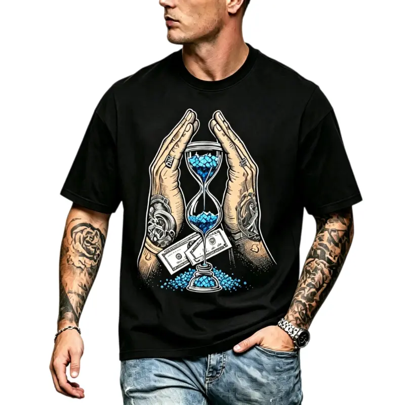 Vintage Tattoo Hands Hourglass Dollar Bill Print Men Short sleeve T shirts Hustle Motivational Art Graphic Casual Streetwear Top