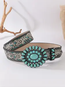 Women's Bohemian Style Waist Belt with Turquoise Alloy Buckle, Vintage Fashion Accessory for Ladies, Elegant Design for Daily Wear