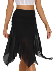 INSPIRE CHIC Women's High Waisted Ruched Flowy Mesh Midi Skirts Asymmetrical Skirt Black