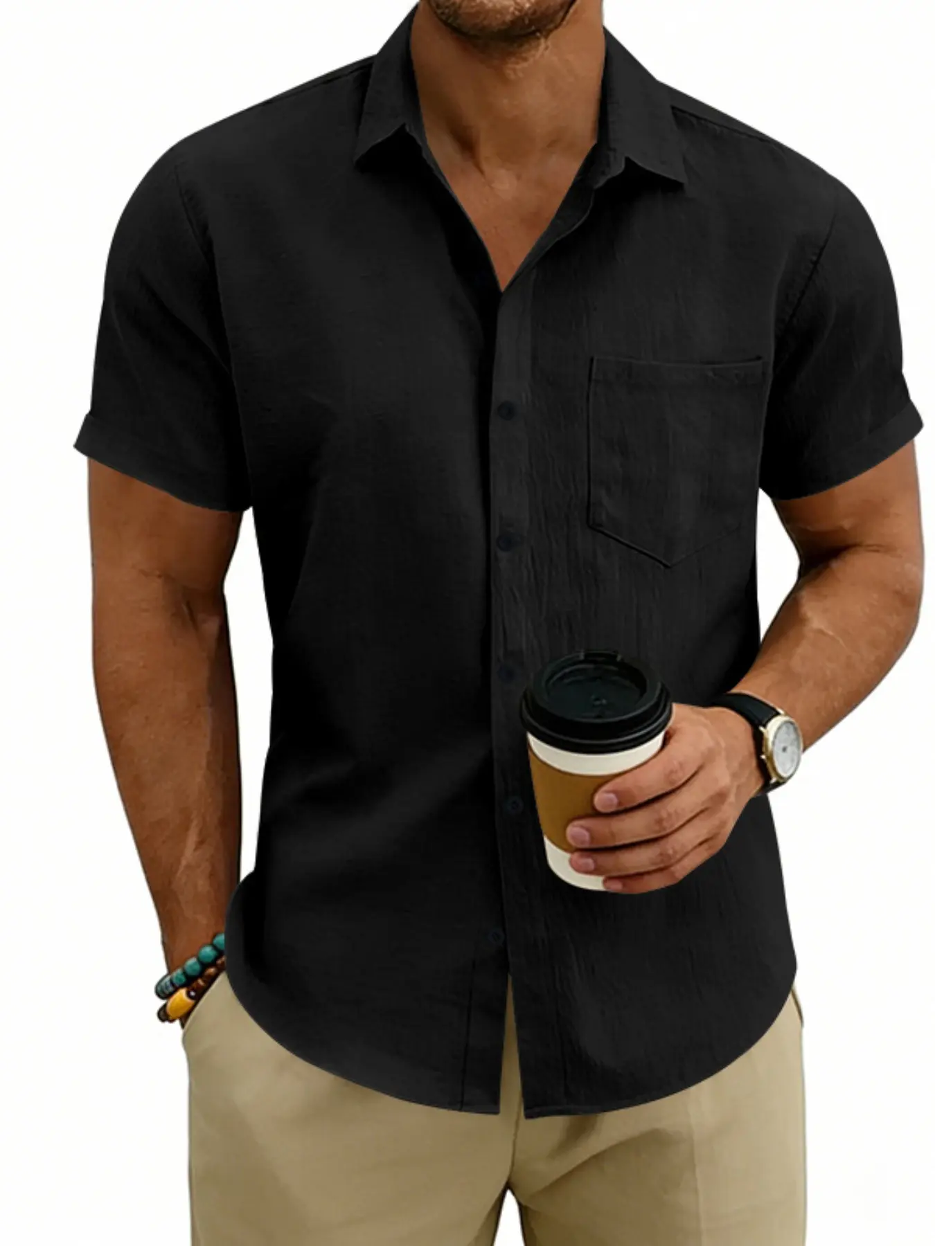 Men's Casual Beach Tropical Breathable Linen Turn-Down Collar Button Short Sleeve Shirt, Comfortable and Stylish Summer Wear for Men, Menswear