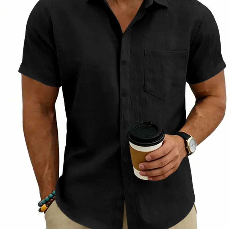 Men's Casual Beach Tropical Breathable Linen Turn-Down Collar Button Short Sleeve Shirt, Collared Shirts, Button Down Front, Comfortable and Stylish Summer Wear for Men, Menswear