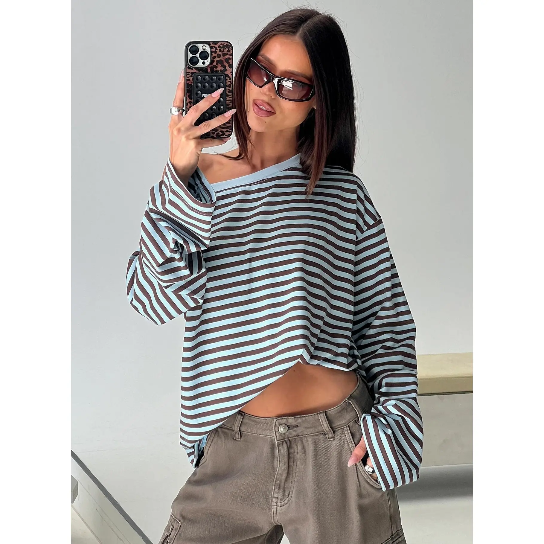 Settle Down One Shoulder Long Sleeve Top Chocolate / Blue Stripe