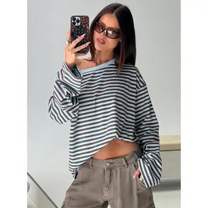 Settle Down One Shoulder Long Sleeve Top Chocolate / Blue Stripe