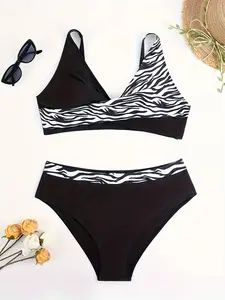 Zebra Print Twist Bikini Set - Asymmetric High Waisted Animal Print Swimsuit