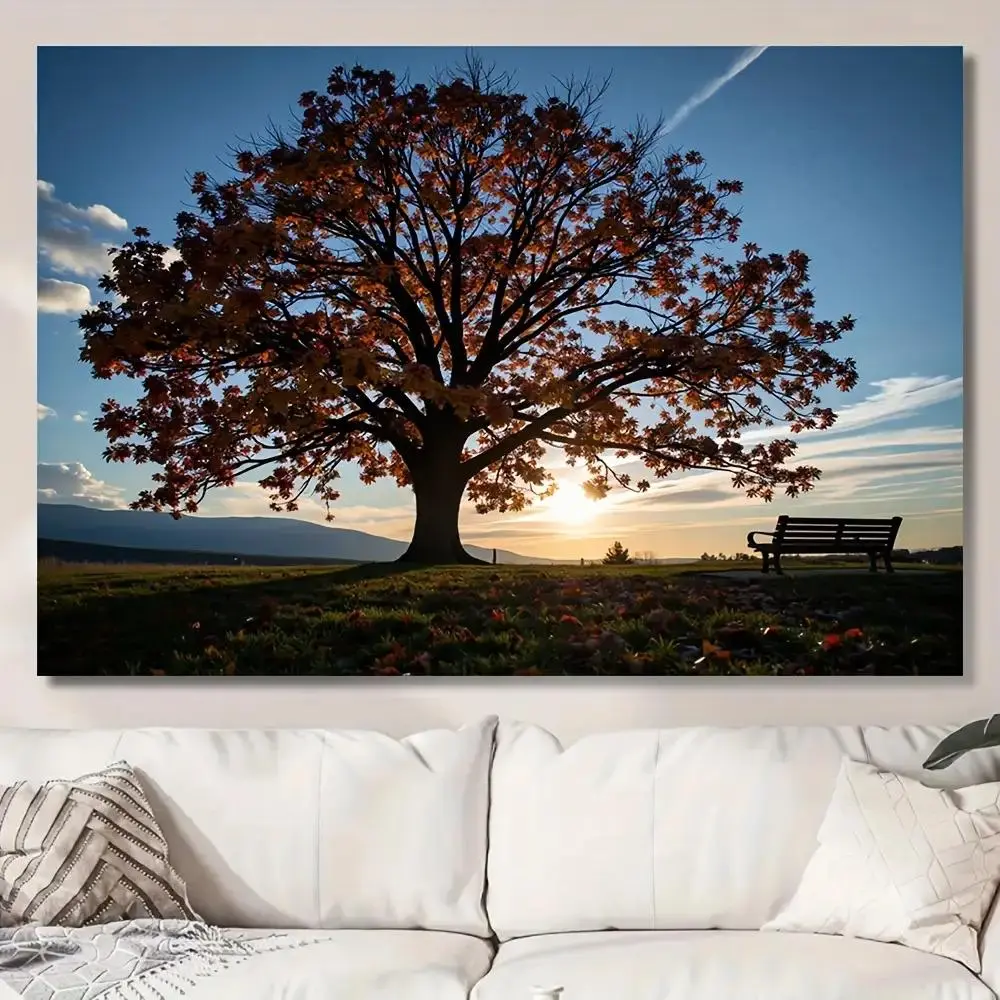 1pc 2D Flat Autumn Tree & Sunset Landscape Photo Backdrop, Vibrant Orange-Yellow-Green Fall Foliage, Blue Sky & Golden Sunlight, Durable Reusable Polyester Fabric, Indoor/Outdoor Photo Booth, Party Decorations Banners, Photo Backdrops,summerwins