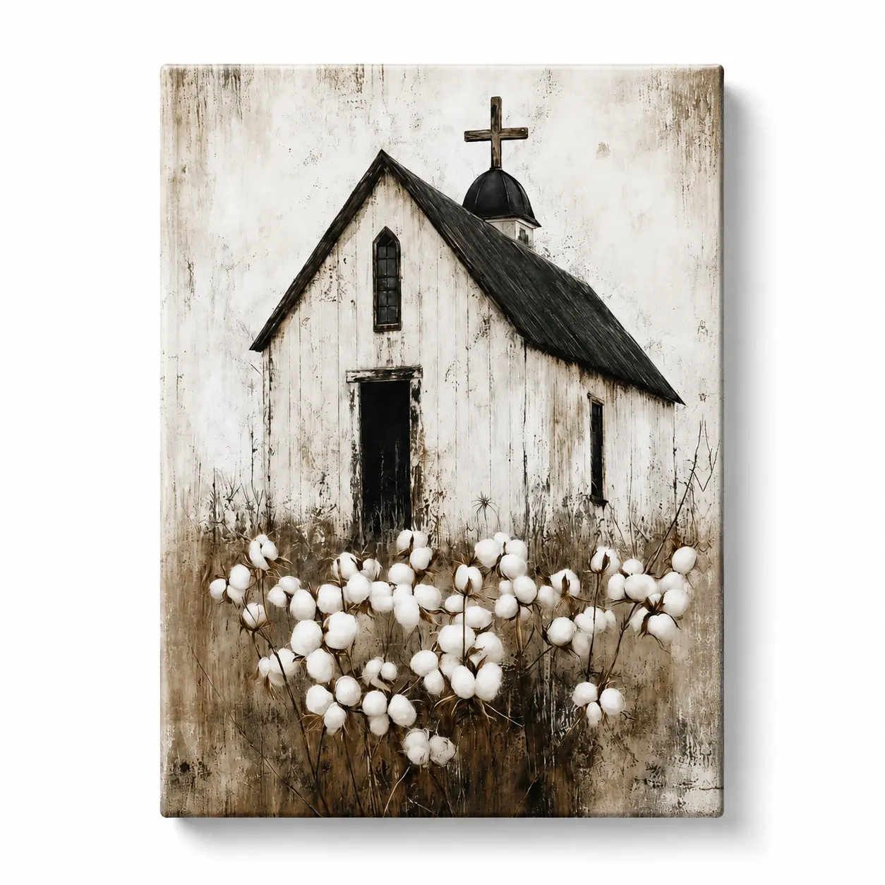 Modern Farmhouse White Church Black Roof & Cross Religious Canvas Wall Art - Rustic Wood Frame Wrapped, Multi-Size, Waterproof, Crush-Safe, Minimalist House Decor Gift for Living Room Decorations, Wardrobe Accent, Home Inspo
