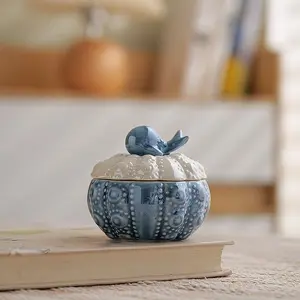 Trinket Dish Blue Ceramic Dolphin Jewelry Box,Ring Dish, Hand-Painted Sea Urchin Trinket Box Coastal Home Decor, Nautical Beach Gift for Her