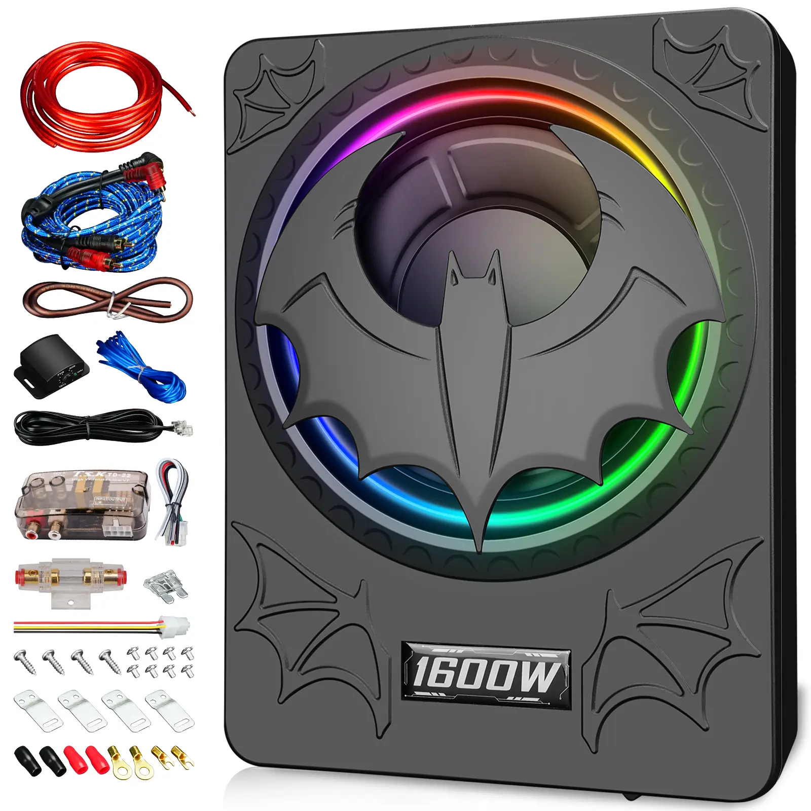 SCBPAUD 10-Inch Car Subwoofer 1600W Bat-Wing LED Design with Brass-Plated Ports, Fits Trucks, RVs, Vans & SUVs, Led Lights, 10Inches, Full Set