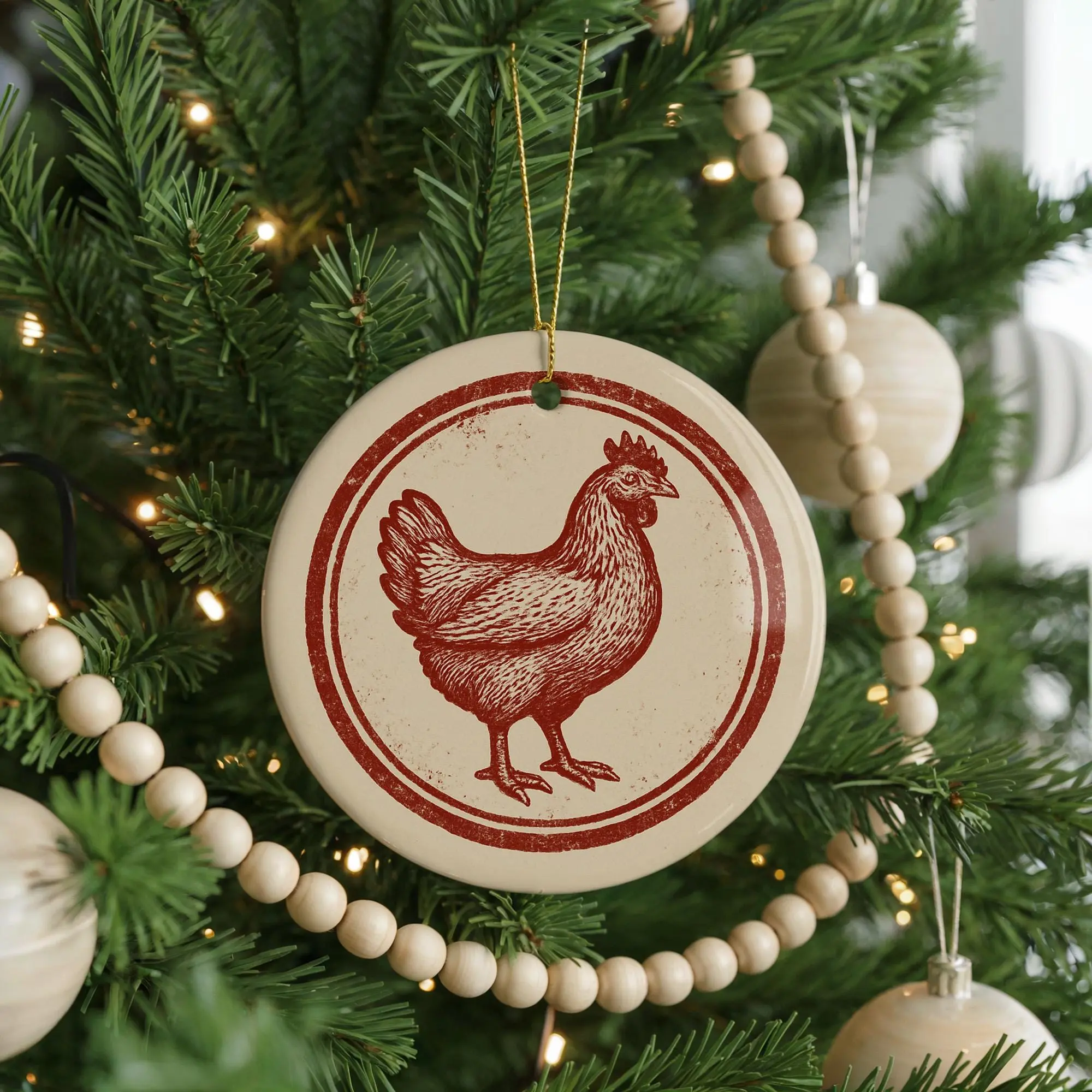 [ Sale Up To 50% ] Chicken Ceramic Ornament, Rustic Farmhouse Round Stamp Art, Country Kitchen Decor, Hen Lover Gift, Holiday Tree Hanging Keepsake