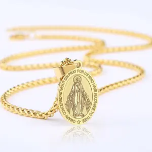 Virgin Mary Necklace 18K Gold Plated Women Men Christian Cross Miraculous Medal Pendant Necklace