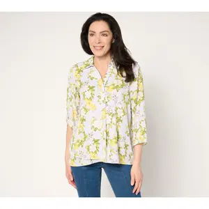 Joan Rivers Georgette Gardenia Print Blouse with Roll-Tab Sleeve