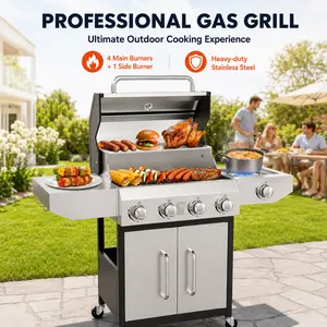 BESTFIRE 4+1 Burner Gas Grill - 60,000 BTU Stainless Steel Flat Top BBQ with Porcelain Cast Iron Grates, Heavy Duty Portable Outdoor Stove for Patio Cooking, Camping