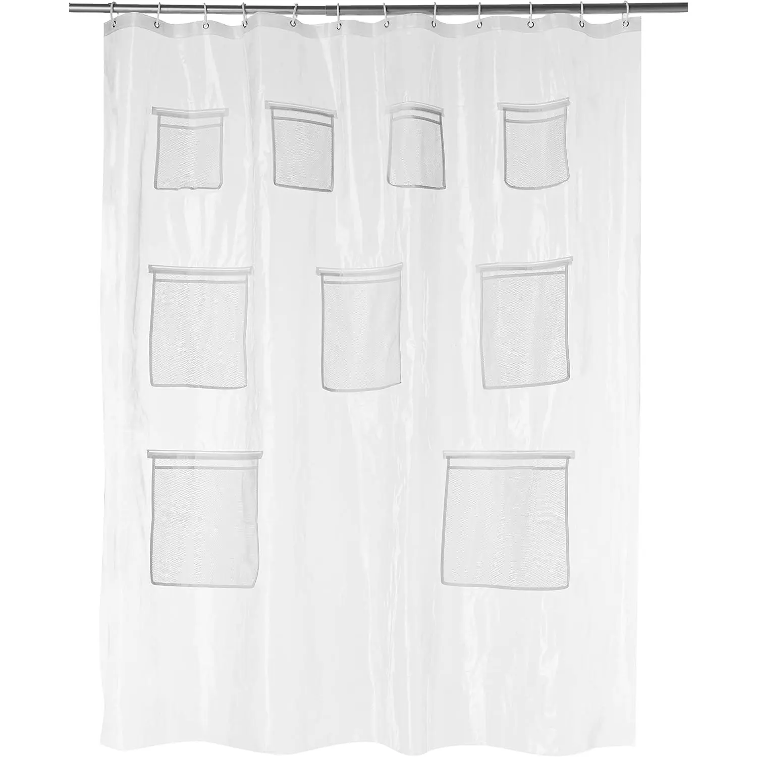 8-Gauge PEVA Shower Curtain or Liner with Mesh Storage Pockets - 72" x 72", Clear