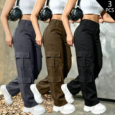 Women's 3-Pack Lightweight Basic Casual Business Pants - Straight-Leg Work Trousers for Women, All-Season Workwear, Solid Color, Button Closure, Multiple Pockets, Long Bottoms