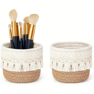 Woven Storage Basket with Tassel Detail, 1 Count Lightweight Desktop Organizer for Cosmetics, Pens & More, Home Organizer for Living Room Bedroom
