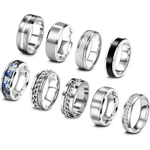 9Pcs Stainless Steel Band Rings for Men Women Cool Fidget Spinning Chain Ring Anxiety Relief Fashion Simple Wedding Engagement Black Ring Set