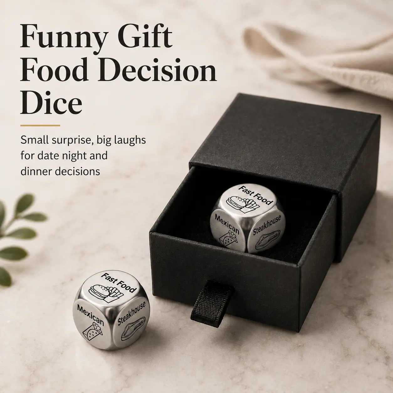 Mini Stainless Steel Food Decision Dice, 0.63 Inch Dinner Choice Cube for Date Night, Couples and Families, Funny Meal Picker Gift for Birthday, Anniversary and Holidays