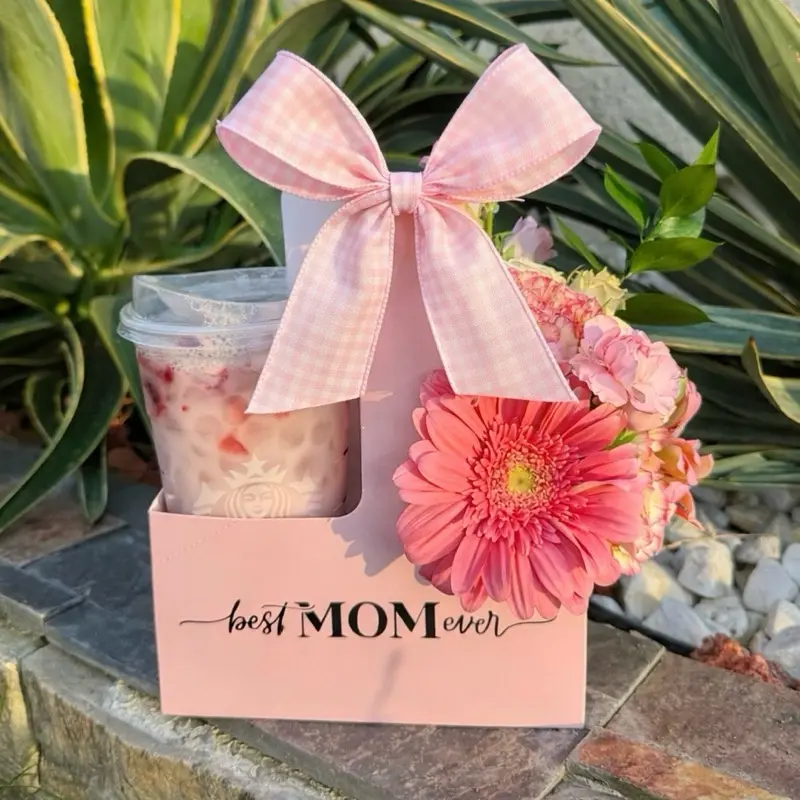 Best Mom Ever Floral Drink Holder Gift Box | Pink Coffee Carrier Gift Basket | Flower Cup Holder for Mom