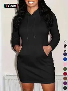 Women's Solid Drawstring Hooded Sweatshirt Dress, Casual Long Sleeve Pocket Dress for Fall & Winter, Ladies Clothes for Daily Wear, Womenswear, Fabric, Piece