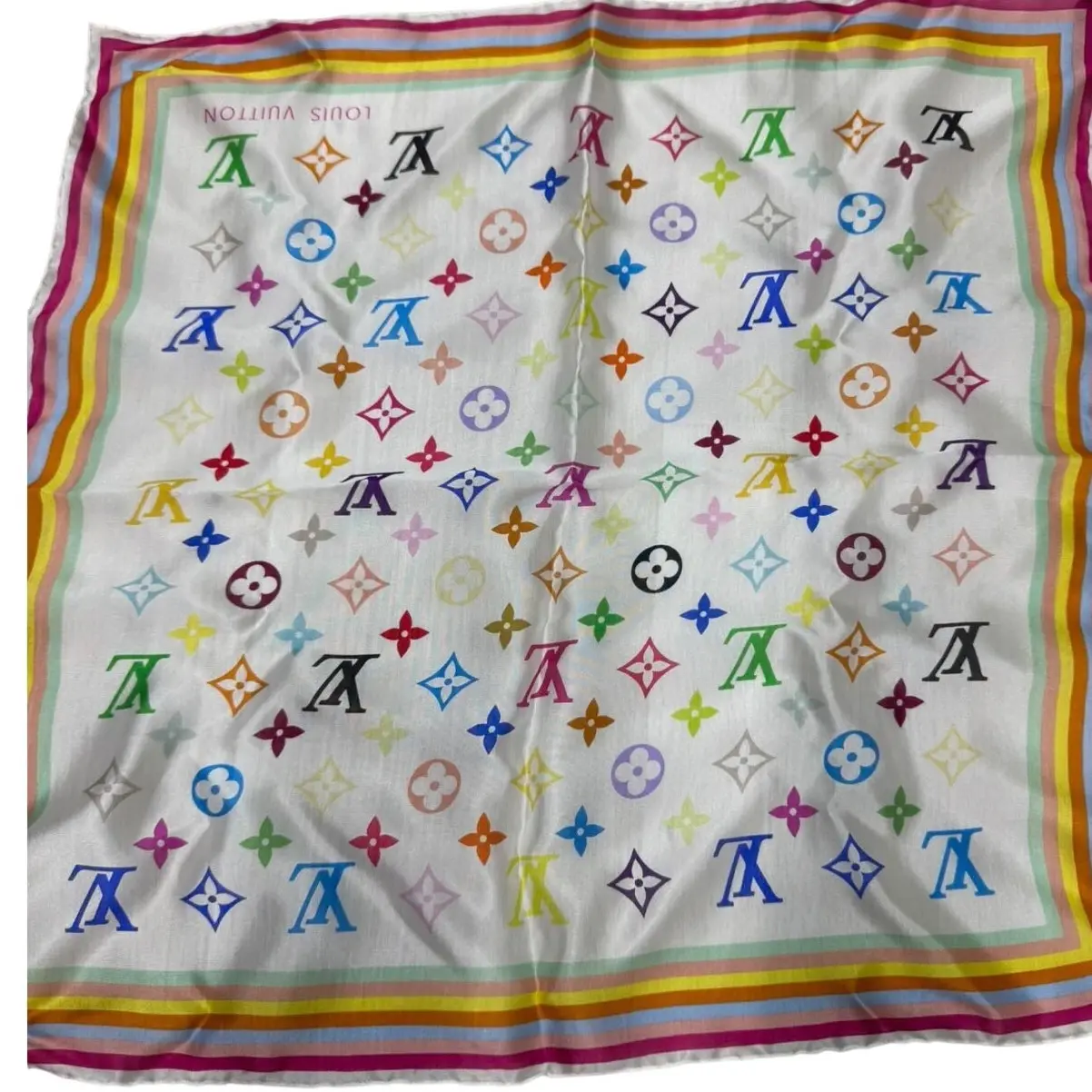 Pre-owned Louis Vuitton x Takashi Murakami Collaborative Unisex Square Silk Blend Monogram Multicolore Scarf SG