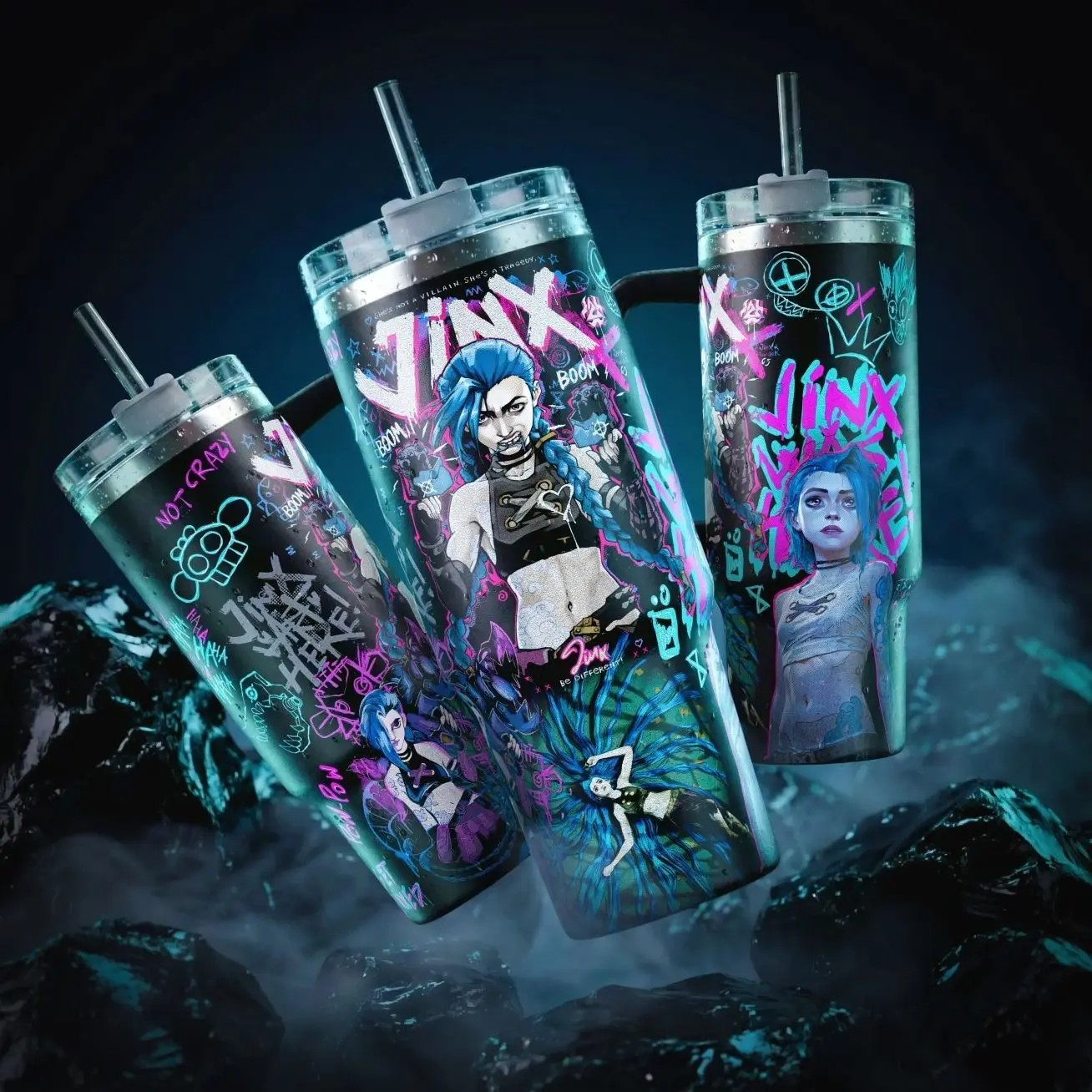 Arcane Jinx LeagueO Legends LOL TFT 40 oz Vacuum Insulated Tumbler with Handle & Straw Blue Hair Graffiti Graphic Keeps Drinks Hot/Cold 12H+ 18/8 Stainless Steel Travel Mug for Gamers & Anime Fans Dark Aesthetic Merch Gift