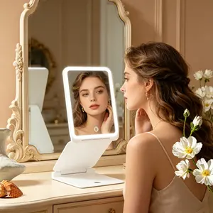 1PC High‑Definition Makeup Mirror with LED Ring Light, Triple‑Fold Heightened Desktop Cosmetic Mirror for Women, Portable Fill‑Light Mirror