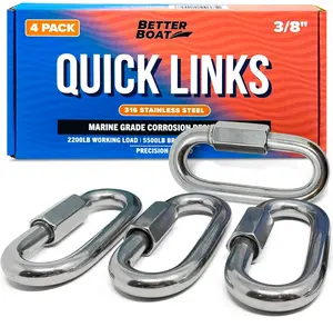 316 Stainless Steel Locking Chain Link, Threaded Quick Link Chain Connector Clips, Heavy Duty D Shape Quicklinks, 1/2", 3/8", 5/16", 1/4" Small Sizes, Marine Grade, 4 Pack Safety Links 3/8"