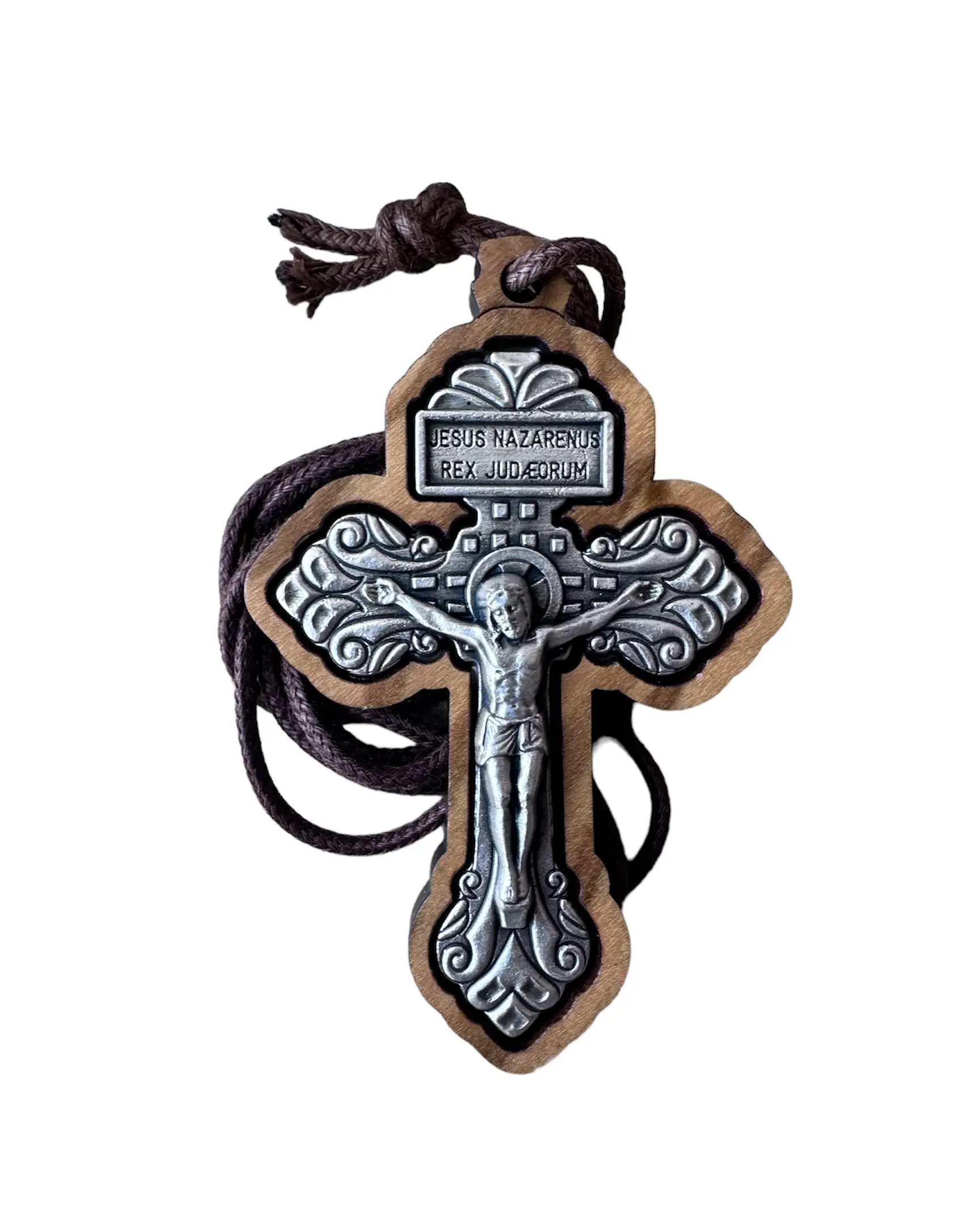 San Benedetto Collections Pardon Crucifix Necklace Olive Wood 2 1/4 Inches