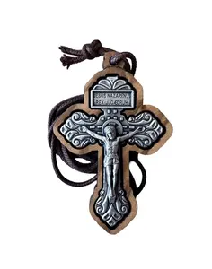 San Benedetto Collections Pardon Crucifix Necklace Olive Wood 2 1/4 Inches